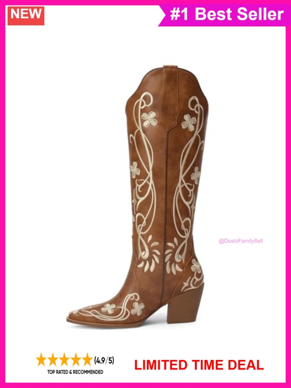 Knee High Cowboy Boots Faux Leather Floral Embroidered Block Heel Pull On